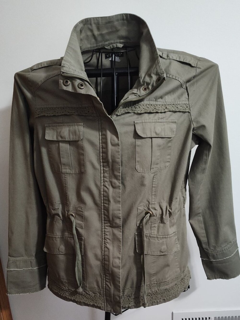 Venus olive green cargo/utility jacket with lace trim, VG used condition, size M